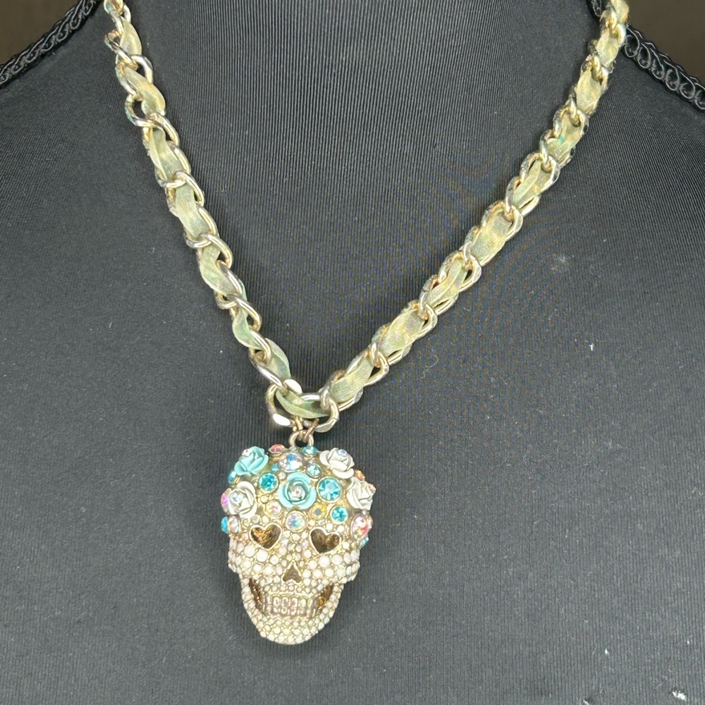 Gold Skull Pendant Necklace with Colorful Accents Betsey Johnson